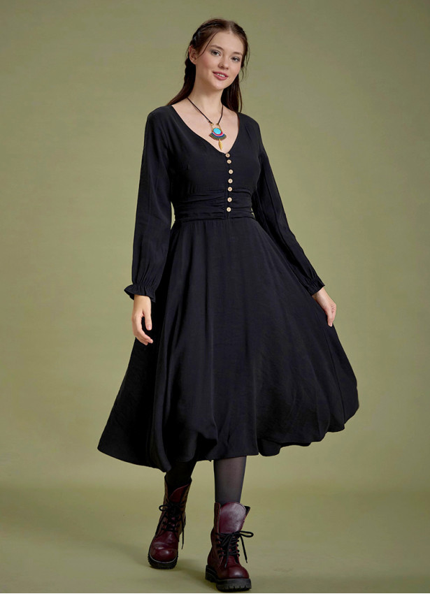 Bohem Tarz Uzun Kollu Siyah Elbise 4827